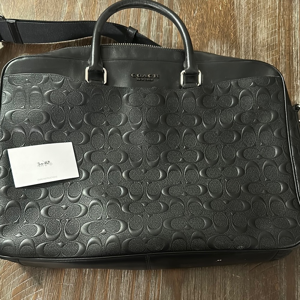 Coach Black Leather Briefcase with Embossed Pattern